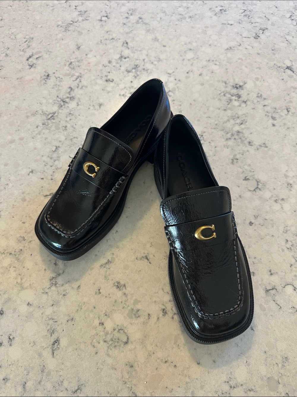 Coach Black Patent Leather Women's Loafers with Gold 'C' Hardware